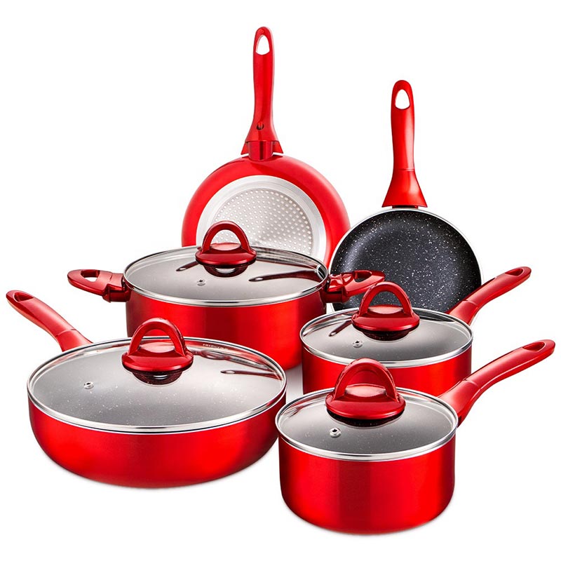 10pc ঢাকনা সহ অ্যালুমিনিয়াম ফ্রাইং স্যুপ প্যান এবং স্টেক প্যান সেট করুন